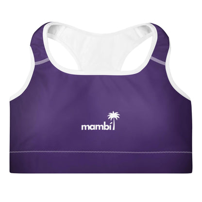 A purple sports bra with white interior lining, featuring the word Mambí and a palm tree logo in white on the front center.