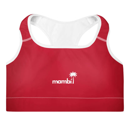 Red sports bra with white interior, white trim along the edges, and a small white palm tree logo above the word Mambí centered on the front.