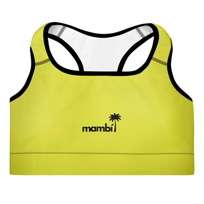 A yellow Mambí sports bra with black trim, featuring a small palm tree graphic and the word mambi printed in black on the front. The background is plain white.