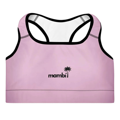 A pink sports bra with black trim, featuring the word Mambí and a small palm tree logo printed in black on the front center.