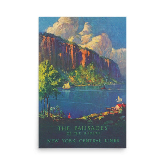 The Palisades Reprinted Vintage Poster by Printful features stunning cliffs, trees, sailboats, and buildings along the Hudson. Printed on premium luster paper, 24x36. The Palisades of the Hudson, New York Central Lines at bottom.