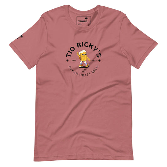 A mauve T-shirt featuring a cartoon beer mug character with sunglasses and a hat. The text reads Tio Rickys Cuban Craft Beer Mambí, with Great Times above and below the mug, and stars flanking the logo.