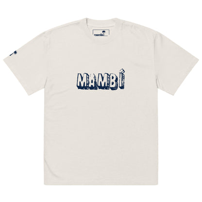 Off-white t-shirt featuring MAMBÍ in bold, distressed navy blue letters across the chest and a small navy blue logo on the left sleeve.