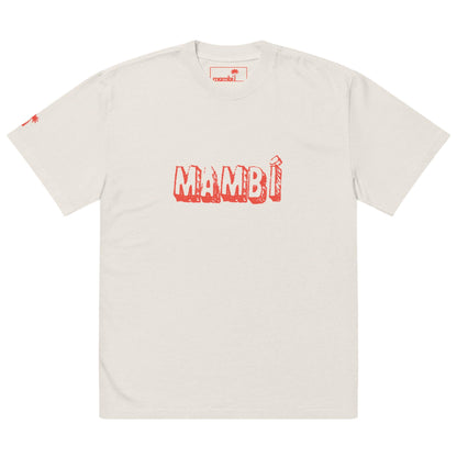 A plain white T-shirt with MAMBÍ printed in large, bold, red letters across the chest and a small red design on the left sleeve near the shoulder.