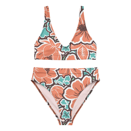 The Valeria High-Waisted Bikini Swimsuit by Printful features a bralette-style top with removable pads and a striking orange, teal, and white floral leaf pattern.