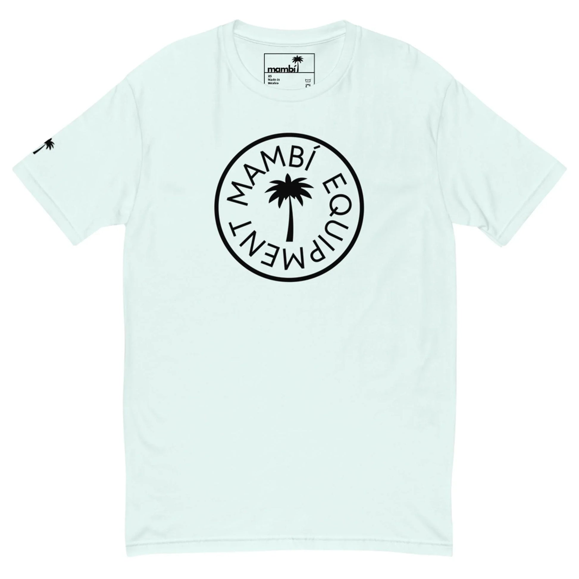 Light mint green t-shirt featuring a black circular Mambí EQUIPMENT logo on the chest and a small palm tree graphic on the left sleeve.