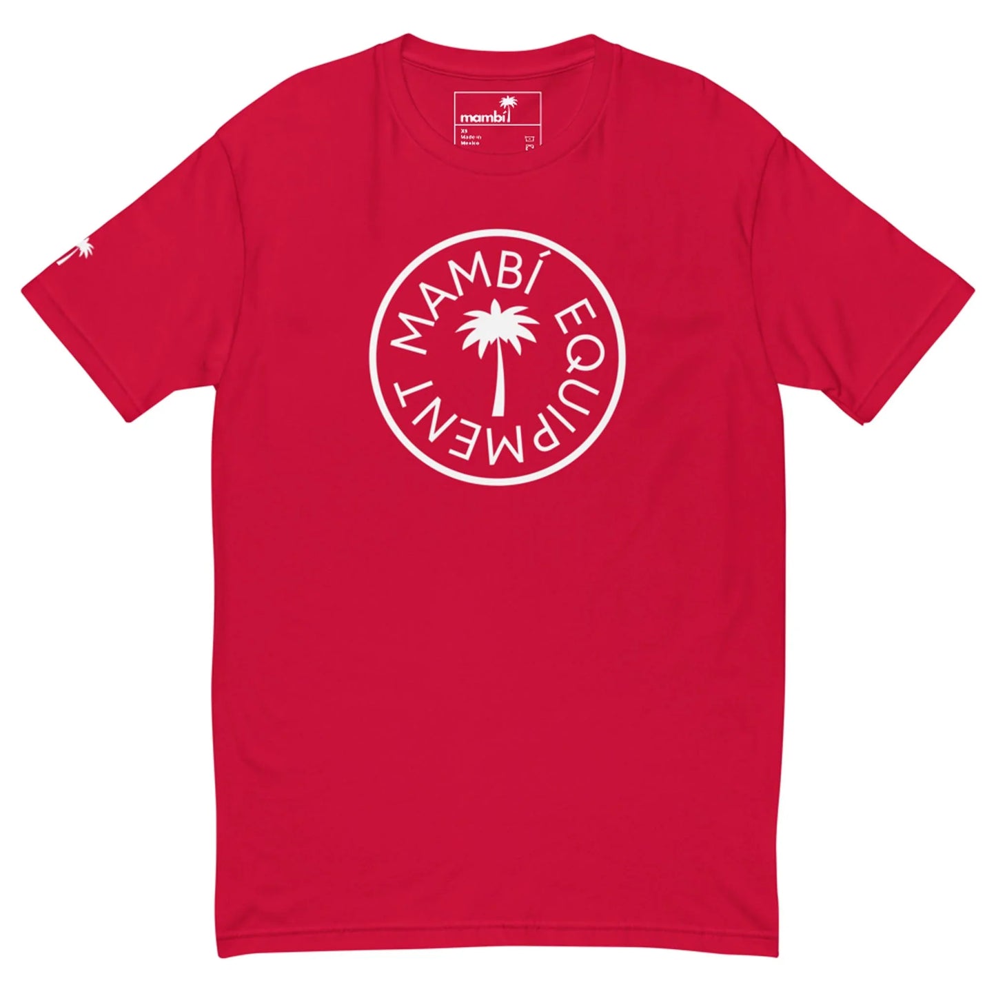 A red Mambí t-shirt featuring a white circular logo with a palm tree in the center and the words MAMBÍ EQUIPMENT around it, plus a small palm tree on the left sleeve.