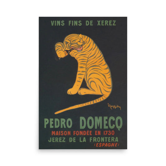 Vintage poster featuring an illustrated orange tiger licking its paw, with “Vins Fins de Xerez” above and “Pedro Domecq, Maison Fondée en 1730, Jerez de la Frontera (Espagne)” below. The artwork channels a classic Mambí style.