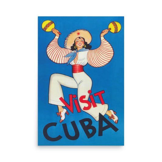 The Visit Cuba reprinted vintage poster by Printful features a smiling woman dancing in a wide-brimmed hat and red sash, set against a bright blue background. Printed on premium luster paper, size 24x36. Bold red and black title included.