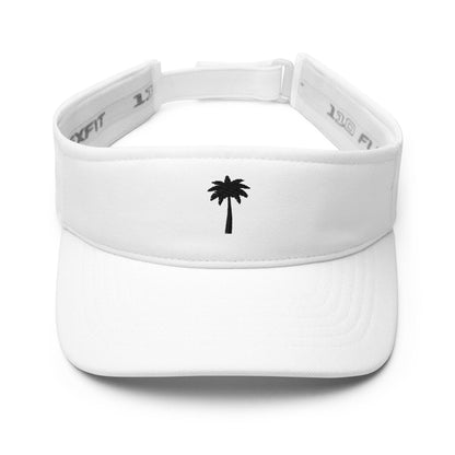 A white Mambí visor hat featuring a simple black palm tree design embroidered on the front center.