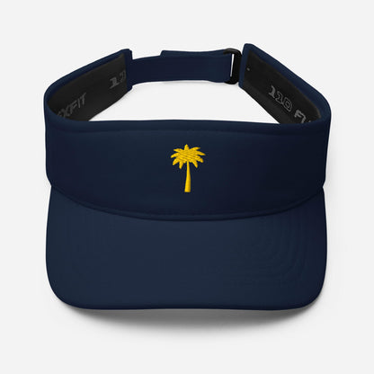 A navy blue Mambí visor with a gold palm tree embroidered in the center of the front band, shown against a white background.
