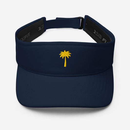 A navy blue Mambí visor with a gold palm tree embroidered in the center of the front band, shown against a white background.