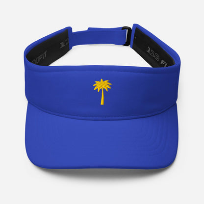 A royal blue Mambí sports visor with a yellow palm tree embroidered on the front, featuring an adjustable strap at the back and black interior lining.
