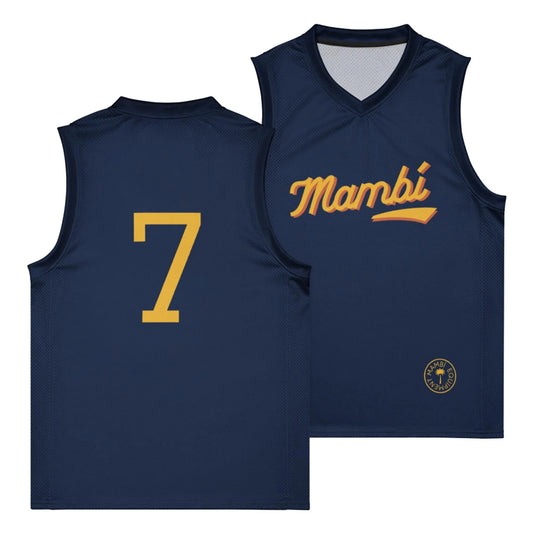 Navy blue sleeveless basketball jersey featuring Mambí in yellow script on the front, a yellow number 7 on the back, and a small round yellow logo near the front bottom hem.