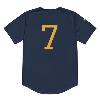 The Zoilo Classic Baseball Jersey by Printful is a unisex navy blue short-sleeve athletic top with a bold yellow number 7 on the back, blending timeless baseball style with modern functionality.